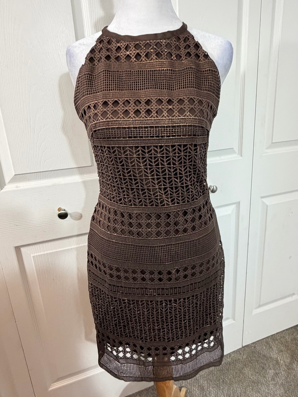 White House Black Market Crochet Lace Halter Sheath Dress Brown with gold size 0